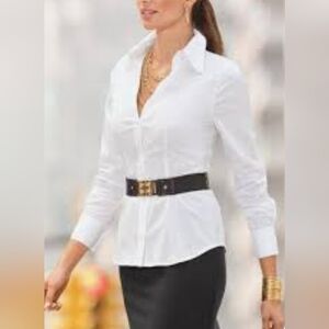 Boston Proper White Cotton Blend Fitted Femininecut Button Down Shirt Size 16